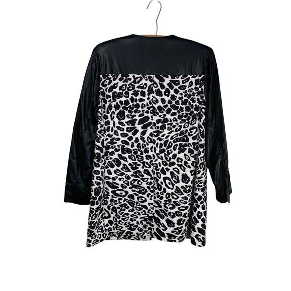 Chico's Black Faux Leather & Leopard Print Long A-line Jacket - Size 1 (M / 8) - Picture 2 of 9